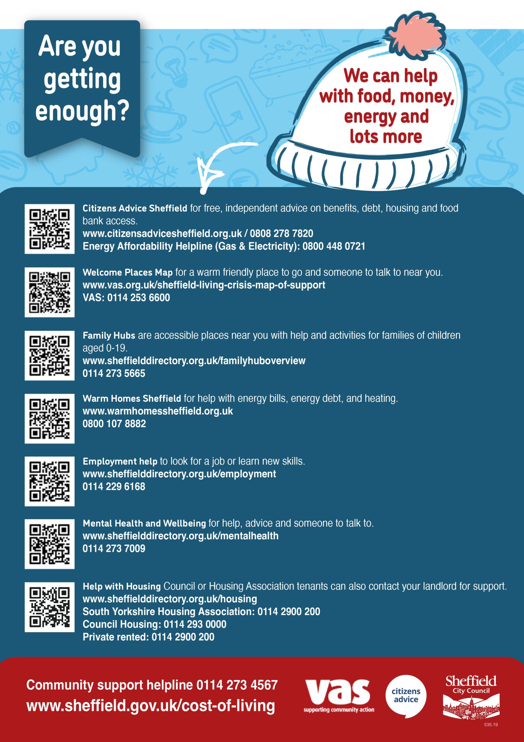 Cost of living poster about where to go for food, money, energy and more - to see the imforamtion go to www.sheffield.gov.uk/cost-of-living