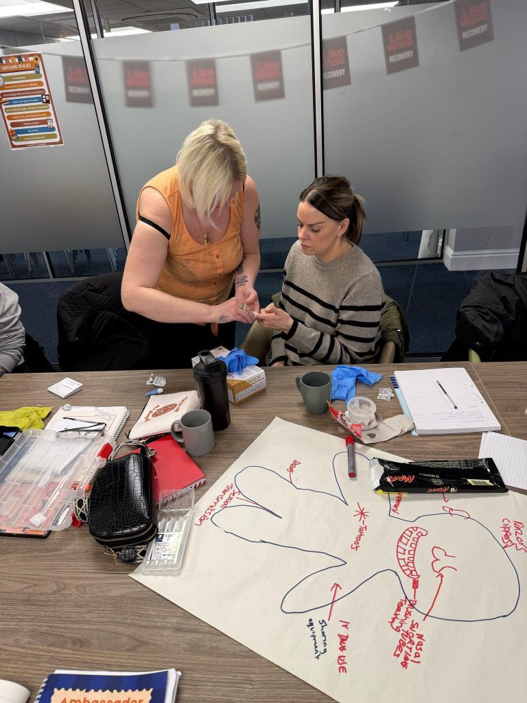 Two women test eachother for Hep C, by pricking the others finger. On the table in front of them is medical equipment and a big sheet of people with the body handrawn on it and labelled.