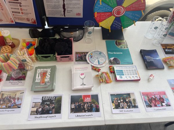 Photo of items on the Likewise stall including a board with information on alcohol and letter, and the table with a range of leaflets on it